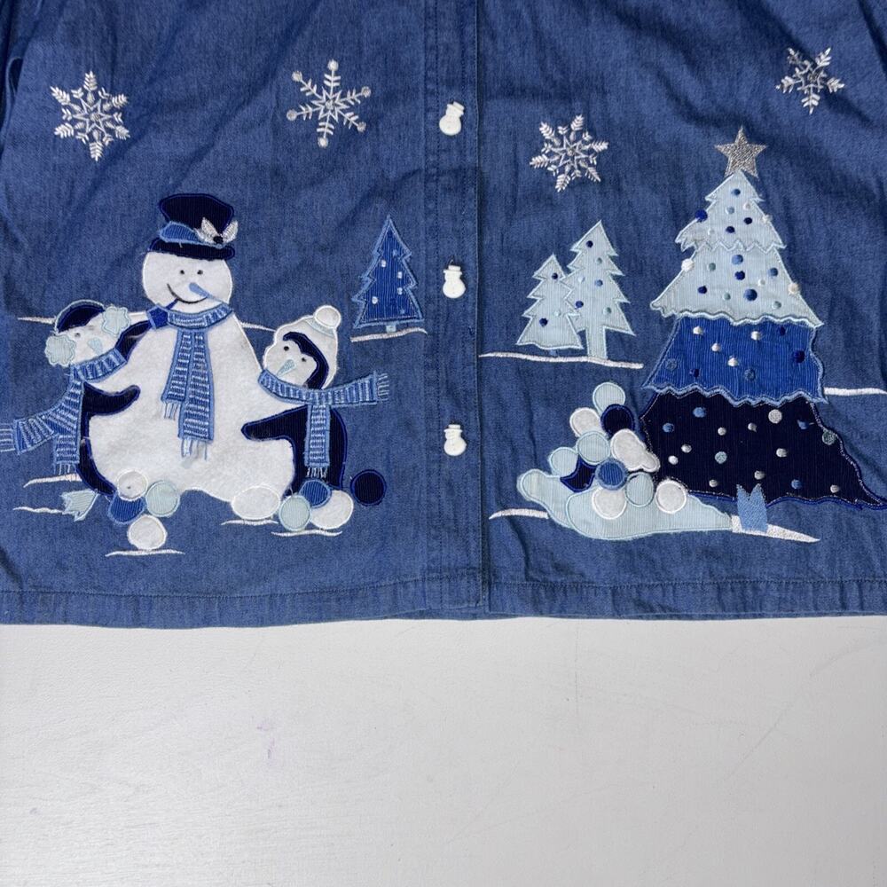 Vintage Christmas Denim Shirt Tantrums Button Up Size XL Snowmen Chambray NWOT - Picture 2 of 6